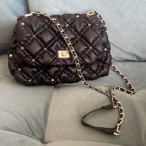 Flap Quilted gold studded Black Purse w/ gold chain